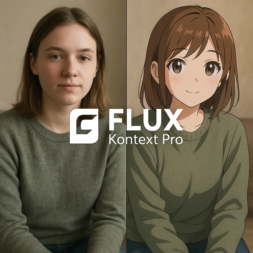 create before after image of a girl before is realsitic photo, after is anime version of her in same pose and clothes, add logo with text of a "FLUX Kontext Pro" emoji