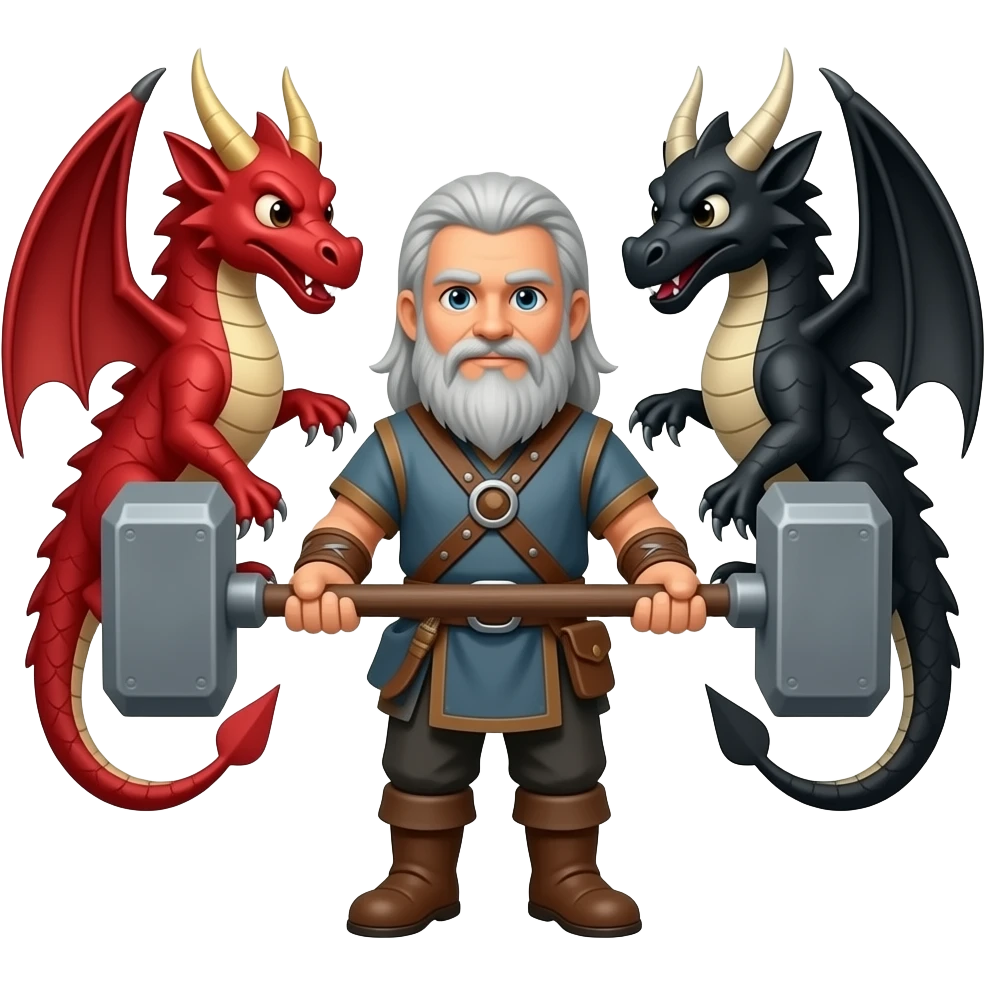 un viking aux cheveux long et une barbe moyenne argenté avec un marteau à deux main sur lequel repose ses deux mains. Ce viking est entre deux dragons, l'un est rouge et l'autre est noir . emoji