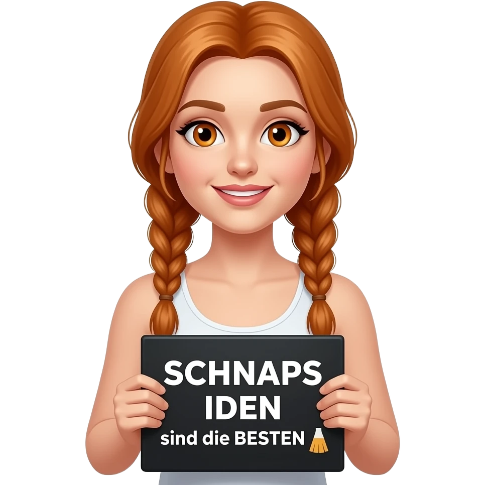 sexy girl with long ginger braids and ginger eyes wearing a white tanktop is holding a black sign with SCHNAPS IDEEN sind die BESTEN 🍸 written on it emoji