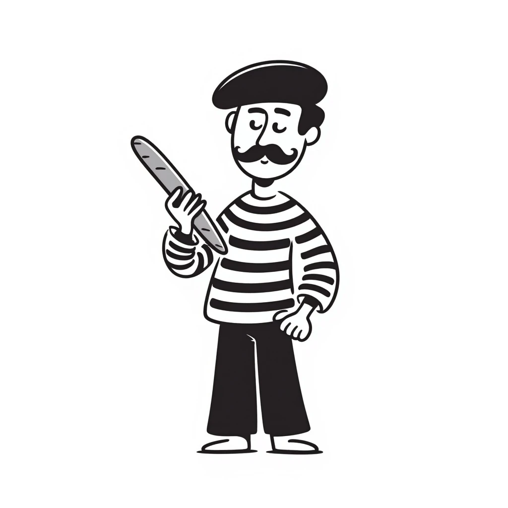 A Frenchman with a moustache and a beret, holding a baguette, wearing a black and white striped shirt, hand-drawn doodle style. emoji