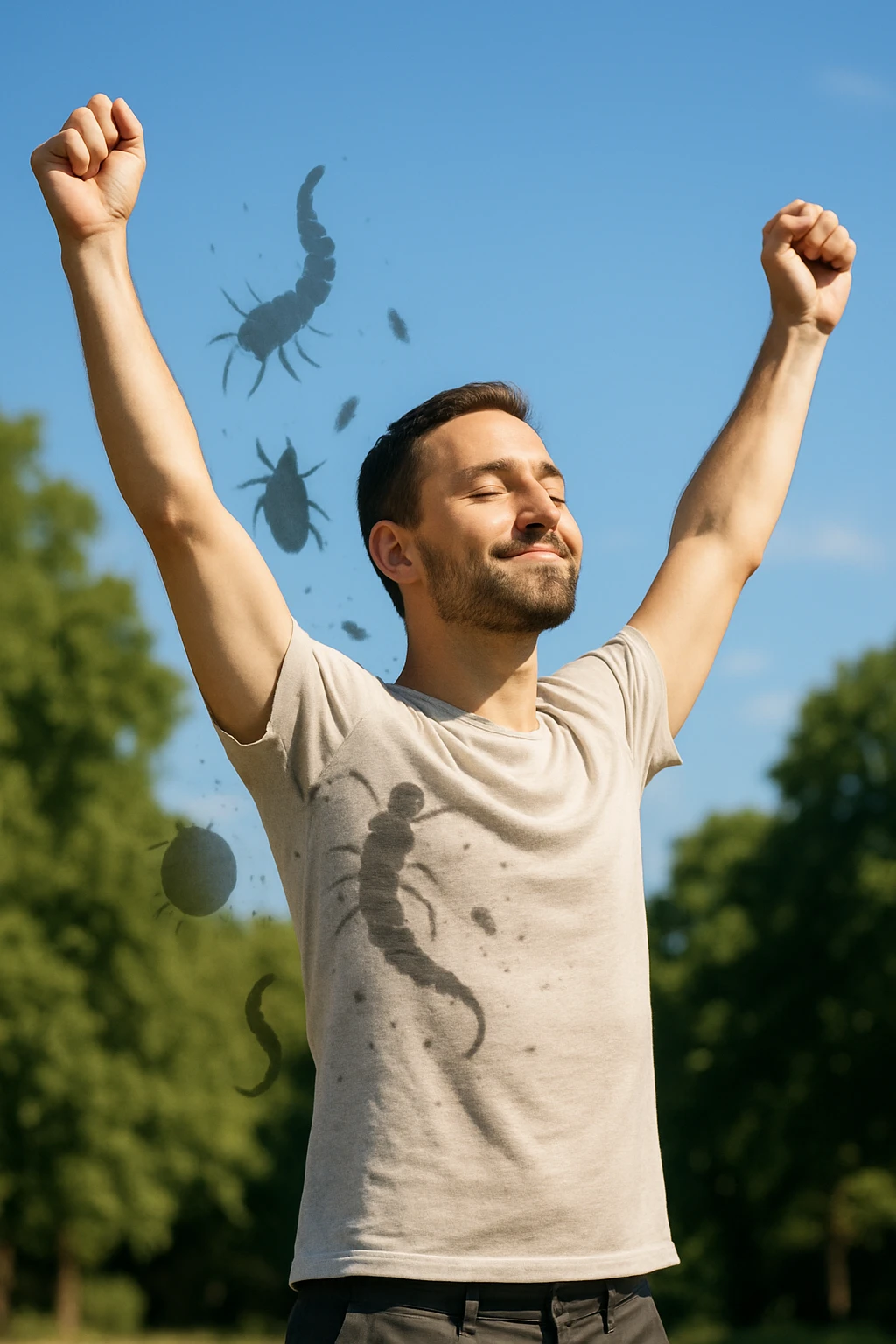 a man stands outdoors in bright sunlight, arms raised in relief and joy, while faint, shadowy silhouettes of parasites fall away from his body and dissolve into the air. His posture is upright and energetic, his expression serene and healthy. The background features green trees and a clear sky, emphasizing liberation and restored well-being. emoji