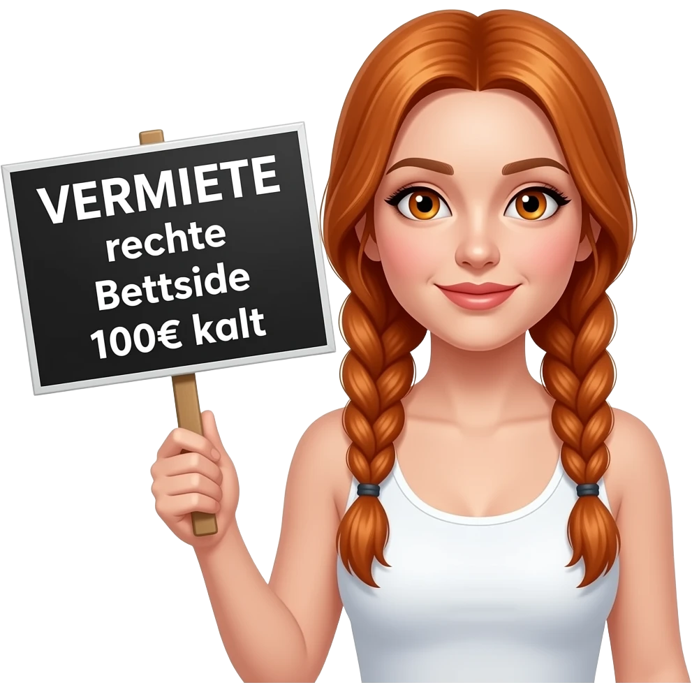 sexy girl with long ginger braids and ginger eyes wearing a white tanktop is holding a black sign with VERMIETE rechte Bettseite 100€ kalt written on it emoji