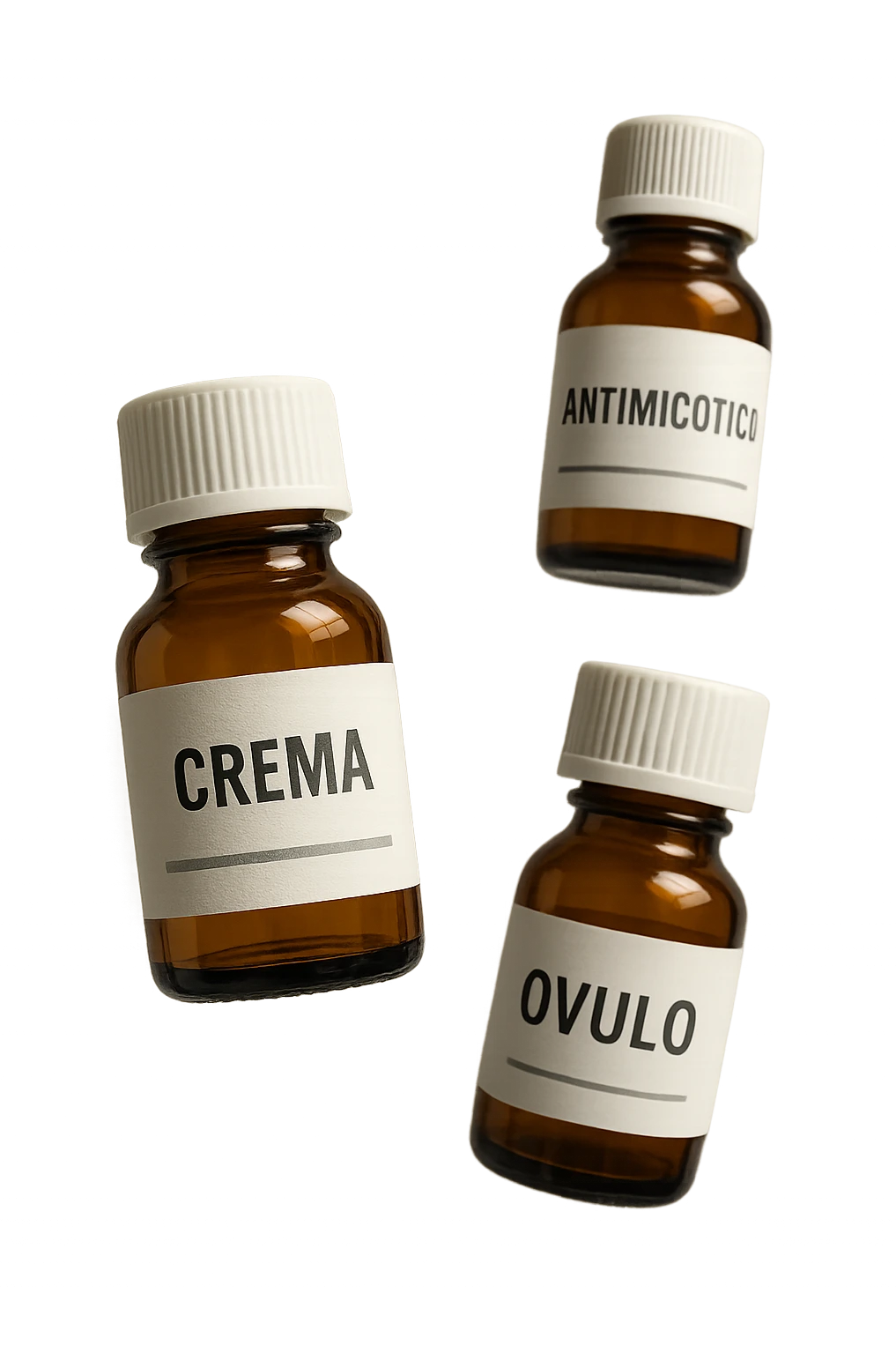 boccette di farmaci fluttuano in aria con le scritte: crema, ovulo o antimicotico in italiano sulle etichette, IPERREALISTICO 4K emoji