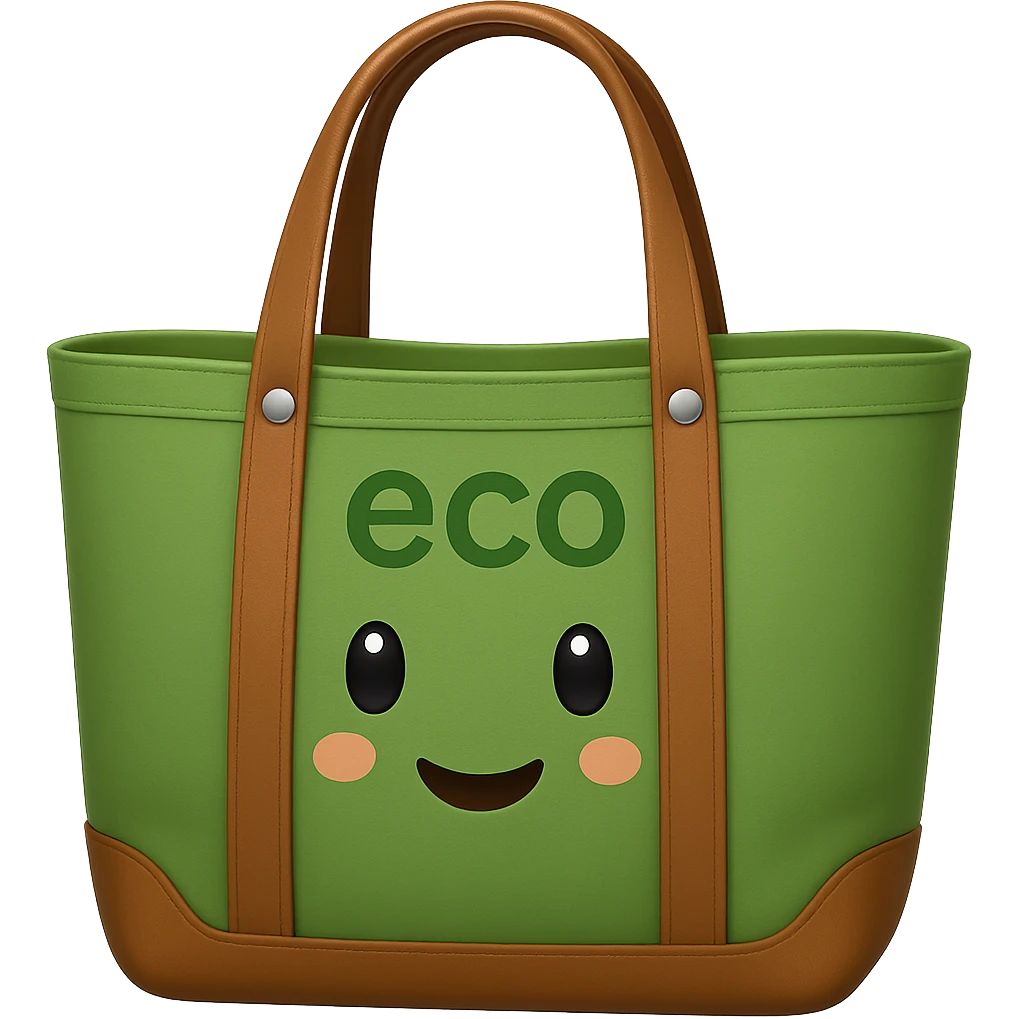Add the word 'eco' as a logo to the bag, make the bag green, in the style of apple emojis with no background (transparent). The style is apple emoji style, concise and clean. emoji