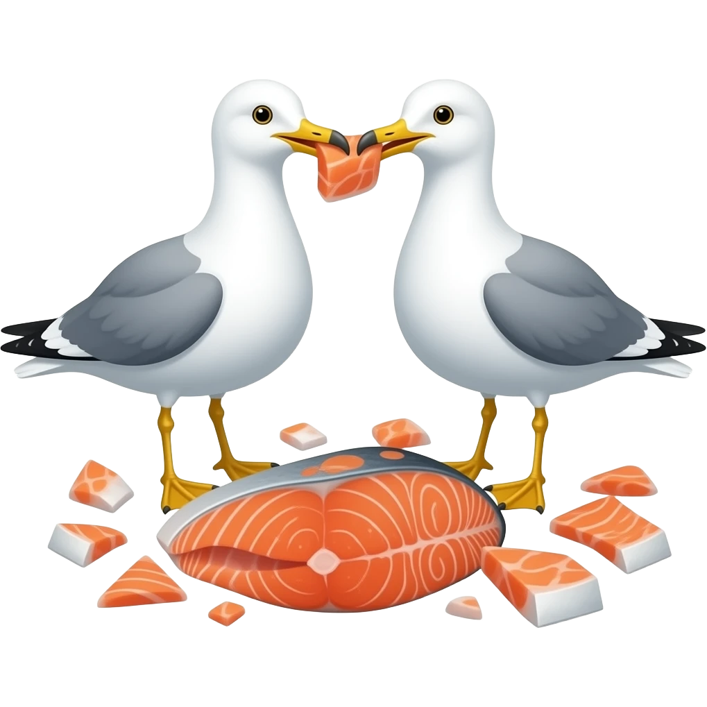 Two seagulls sharing pieces of salmon emoji