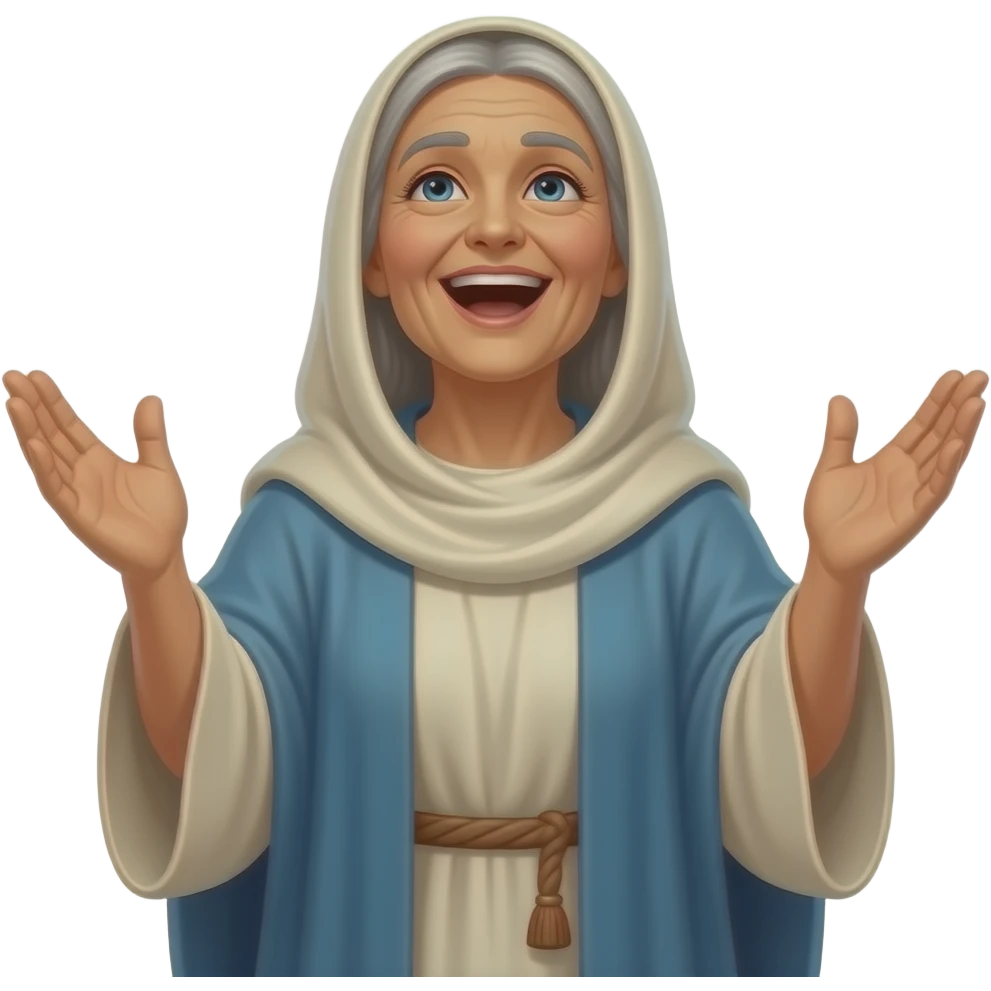 An old woman wearing clothing from ancient biblical times looking up at God with his hands stretched out with a look of joy on his face singing praises to God emoji