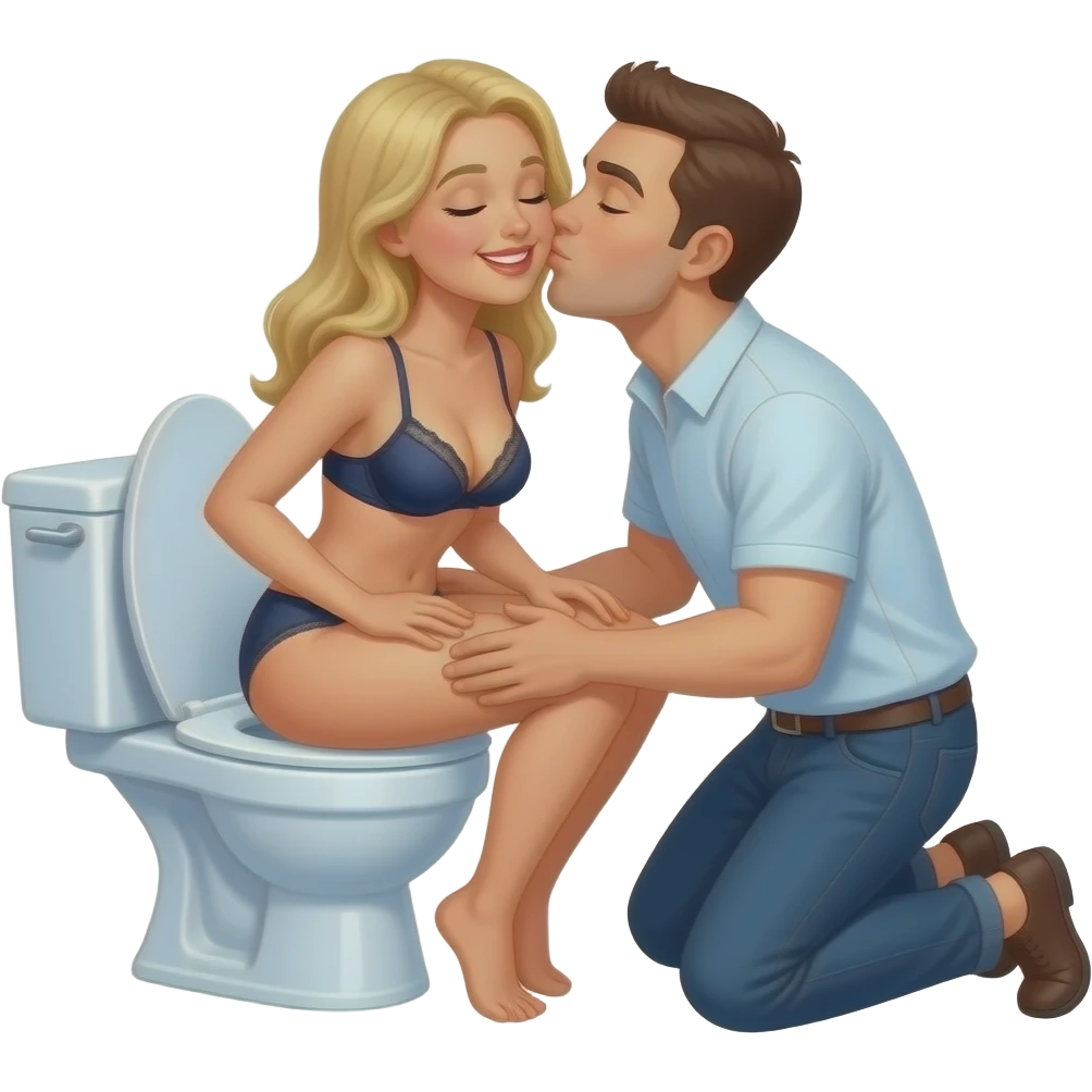 White blonde woman in lingerie sits backwards on open toilet spreading her butt cheeks open while man kneels behind her kissing her butt. Eyes closed smiling emoji