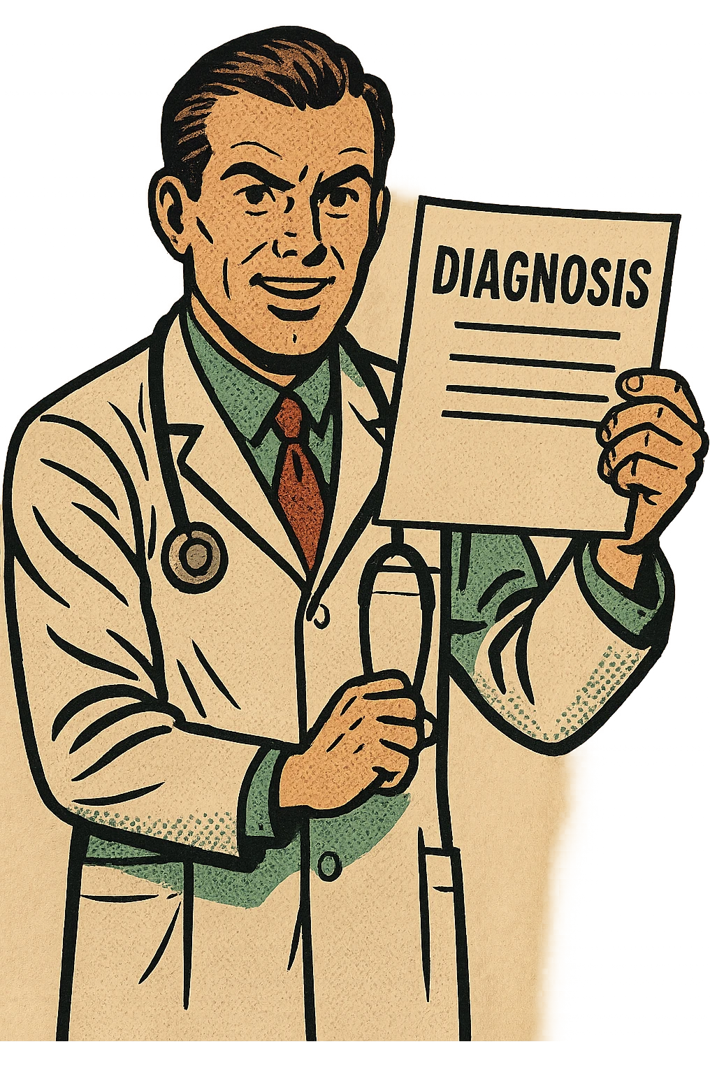 A doctor standing up holding a sheet of paper with the word diagnosis on it emoji