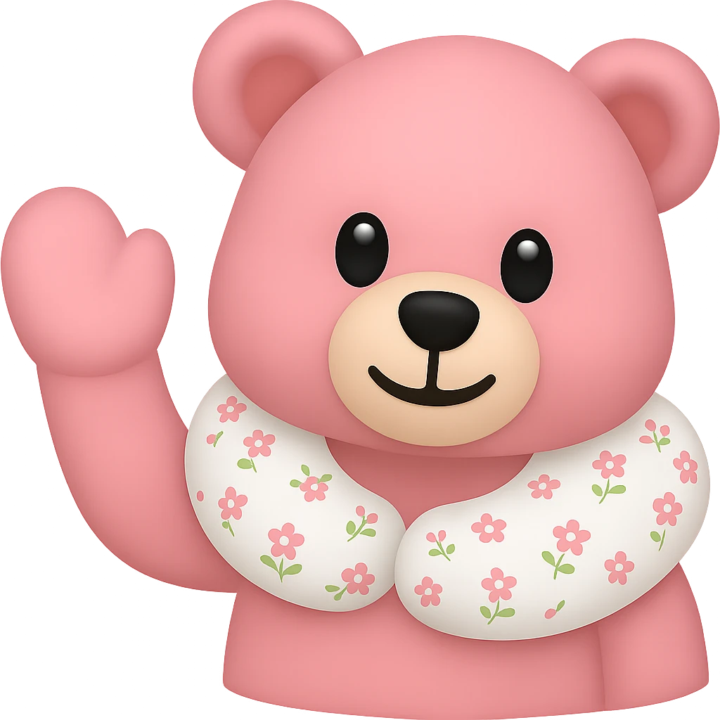 Create an iPhone emoji style pink teddy bear with a floral neck pillow. The bear is waving, simple and cute, with a transparent background. Maintain the iPhone emoji style look. emoji