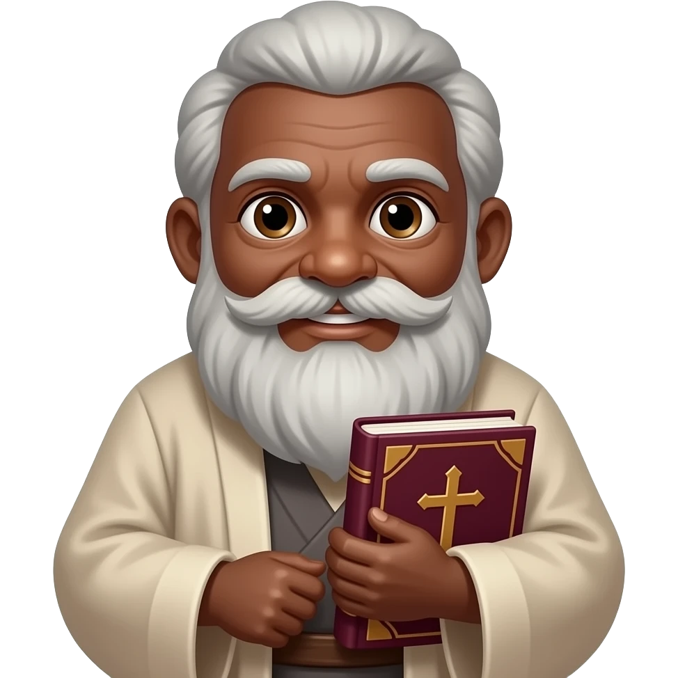 wise old man with grey hair robe friendly brown eyes white beard dark brown skin with burgundy book that has a cross on it emoji