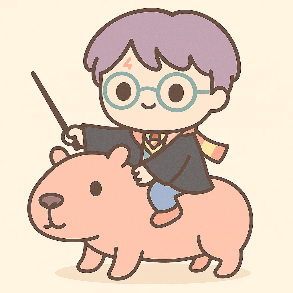 Create an image of a Harry Potter character riding a capybara. Use the same cute style and character design as the reference images. Keep the background minimal and simple to maintain focus on the character and capybara. The style should be consistent with the references provided. emoji
