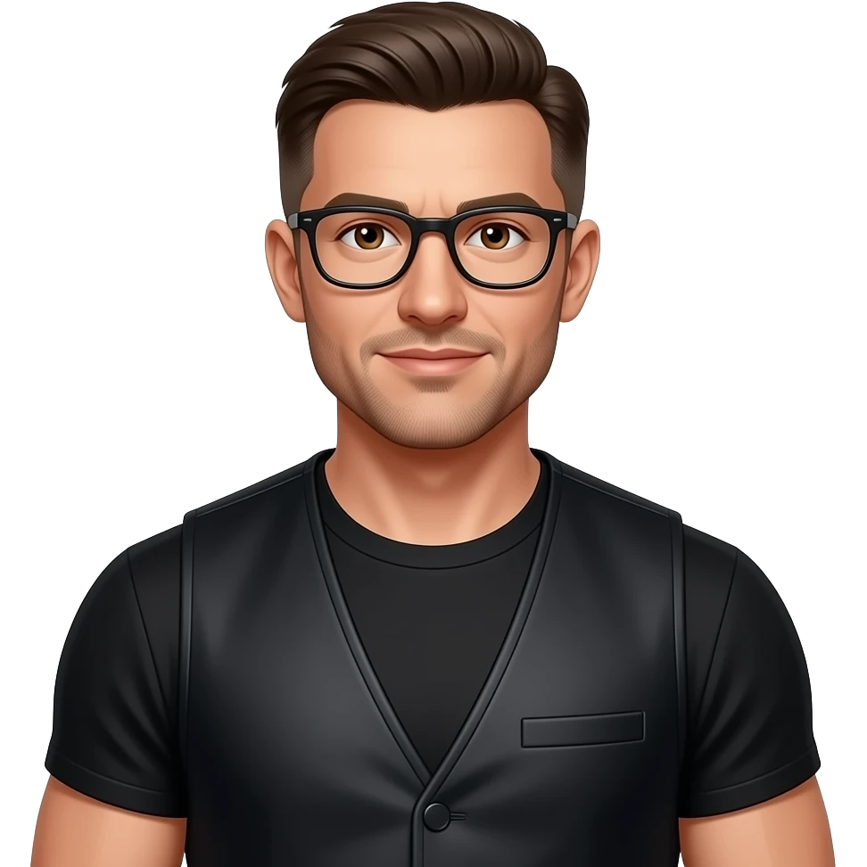 Brown hair, collarless gilet, chistled jawline,  short back and sides haircut, 45 years old, glasses, black gilet, brown eyes, black round neck t shirt, sporty, muscular emoji