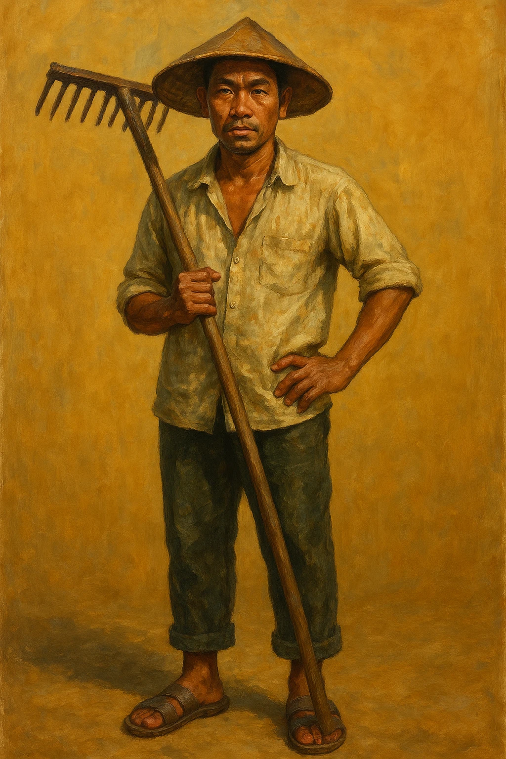 Сгенерируй мне в стиле реалистичной, яркой живописи фермера с граблями внешности индонезиата, азиата. На однородном фоне. в полный рост emoji