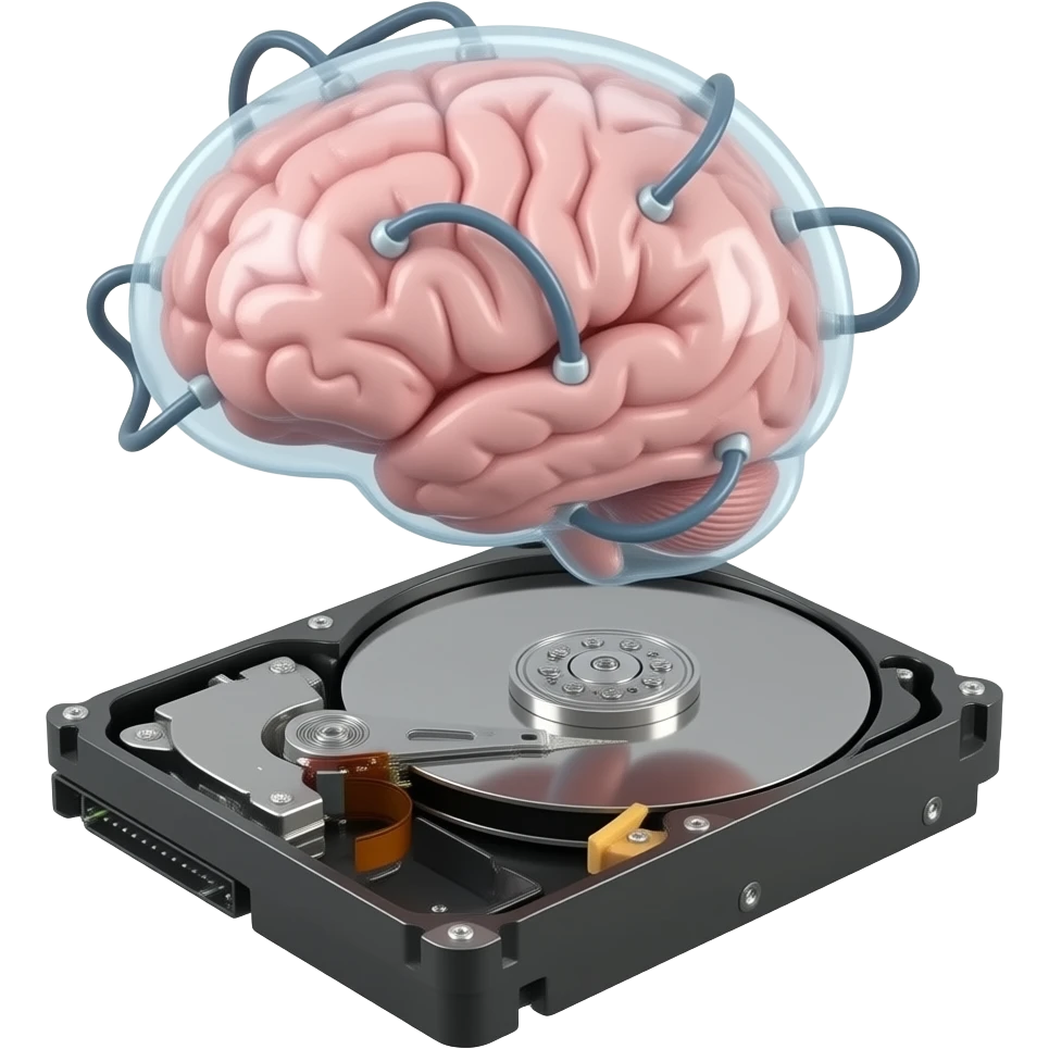 a transparent synthetic brain floats like alien attached to many cables and tubes on a hard drive emoji