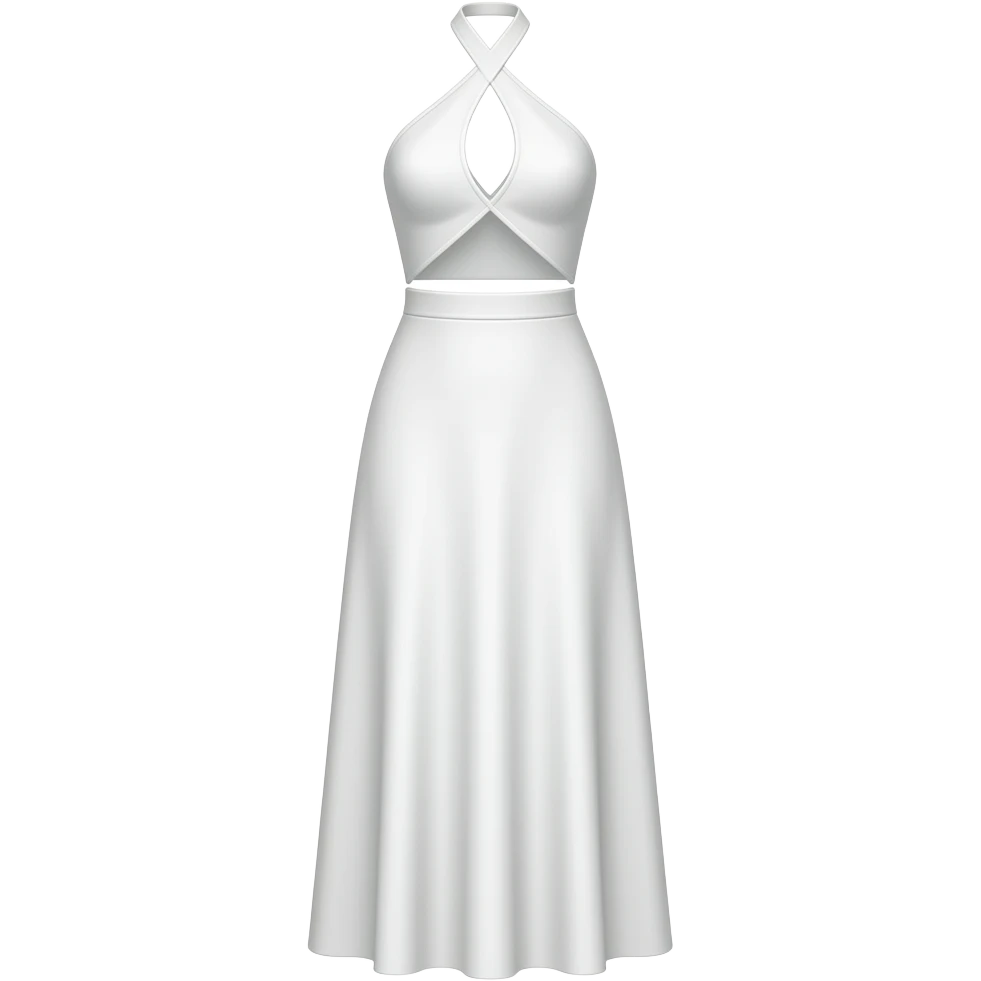white Stretch crepe skirt with georgette flowing top attachment (one piece) halter top and triangle cut out in the stomach sleeveless, floorlength, no sleeves emoji