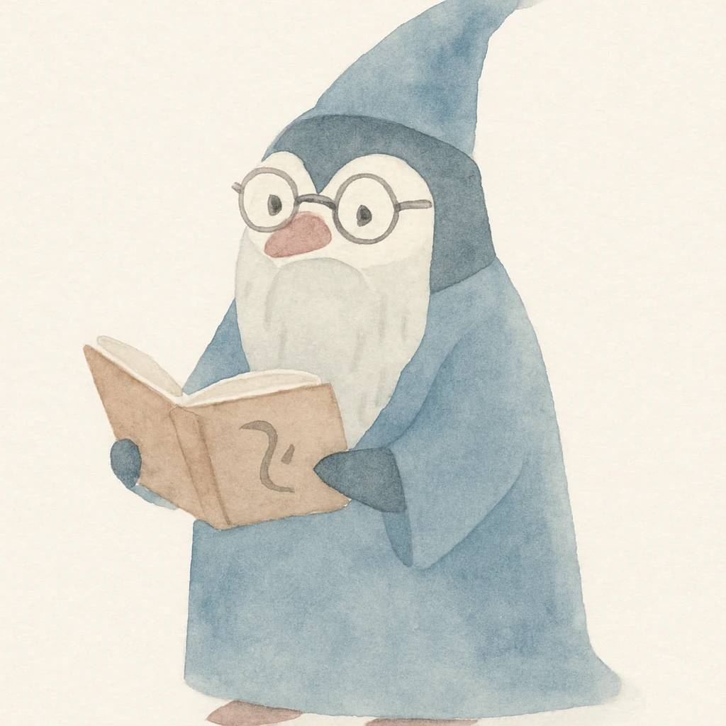 a wise penguin wizard with glasses, a long beard, and a blue robe, holding an open spellbook, soft storybook style emoji