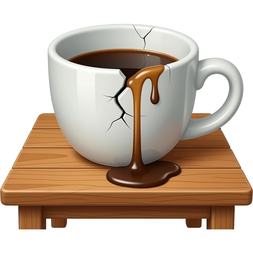 broken coffee cup, coffee is slipping from the broken part emoji