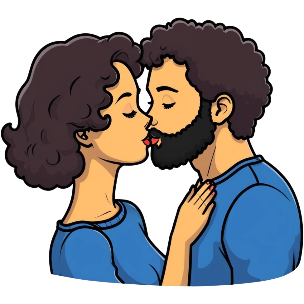 curly haired girl kissing a man with a beard, romantic couple kiss emoji