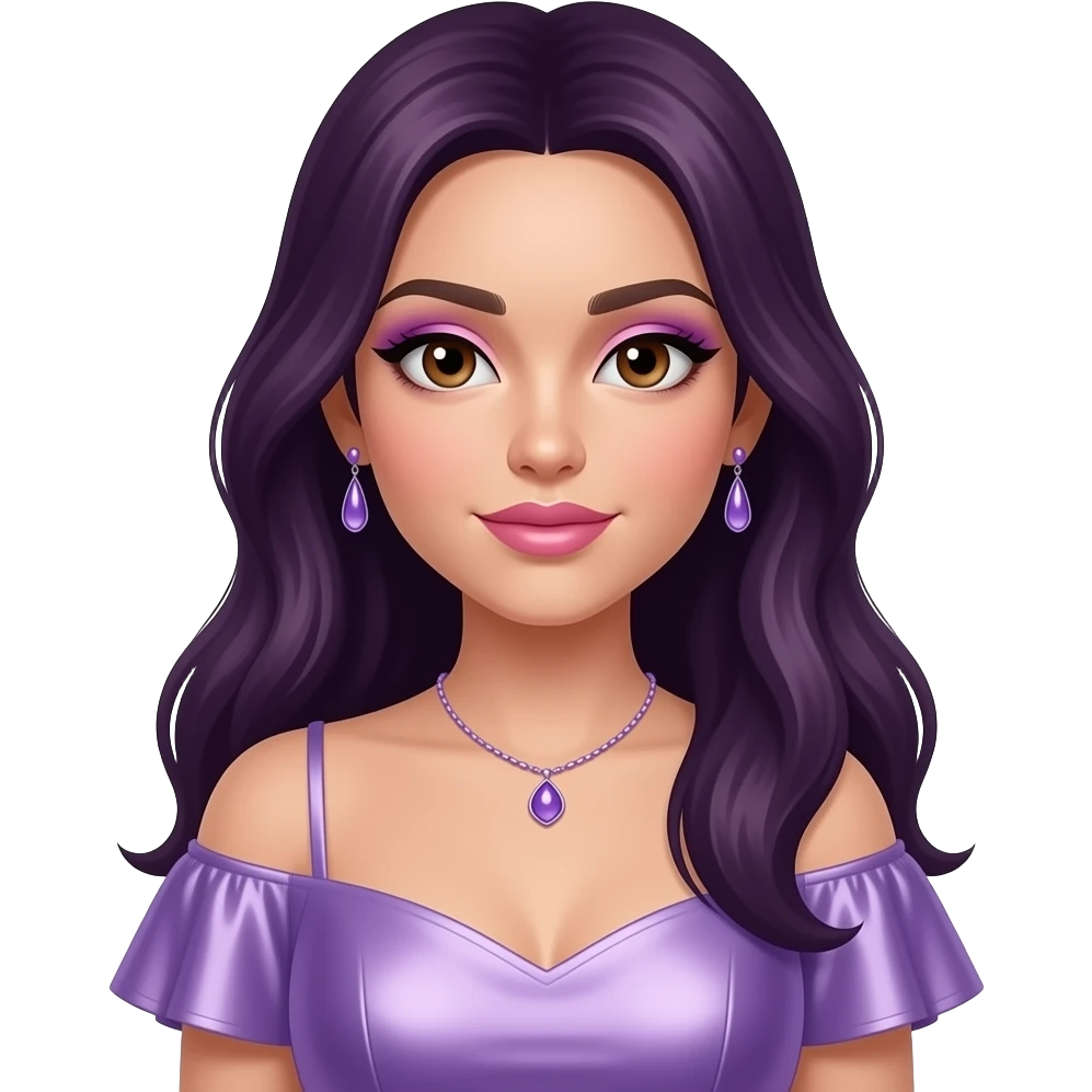 LaurenZside with hazel eyes, long dark purple hair, lilac eyeshadow, pink lipstick, pale purple metallic off-shoulder dress, lilac necklace and earrings emoji