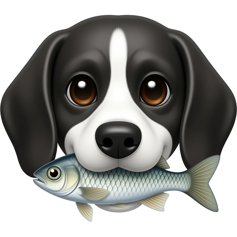 Black white beagle face black ears fish in mouth emoji