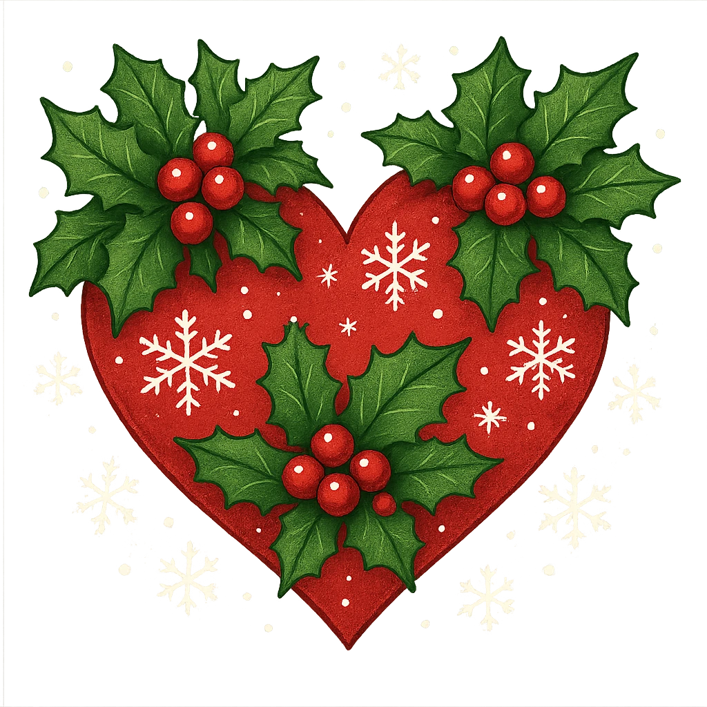 heart with Christmas theme, decorated with holly, red and green colors, snowflakes emoji