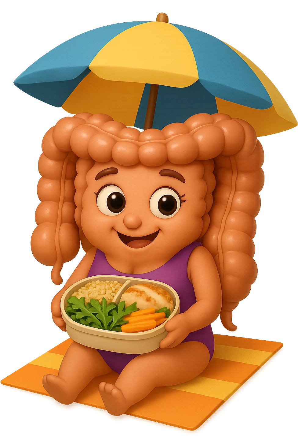 EMOJI STILE IPHONE DI INTESTINO DONNA CON COSTUME INTERO IN SPIAGGIA SEDUTO SU UNA SPIAGGINA SOTTO L'OMBRELLONE CON IN MANO UNA SCHISCETTA DI Insalata di quinoa e pollo con rucola e carote, iperrealistica 4k emoji
