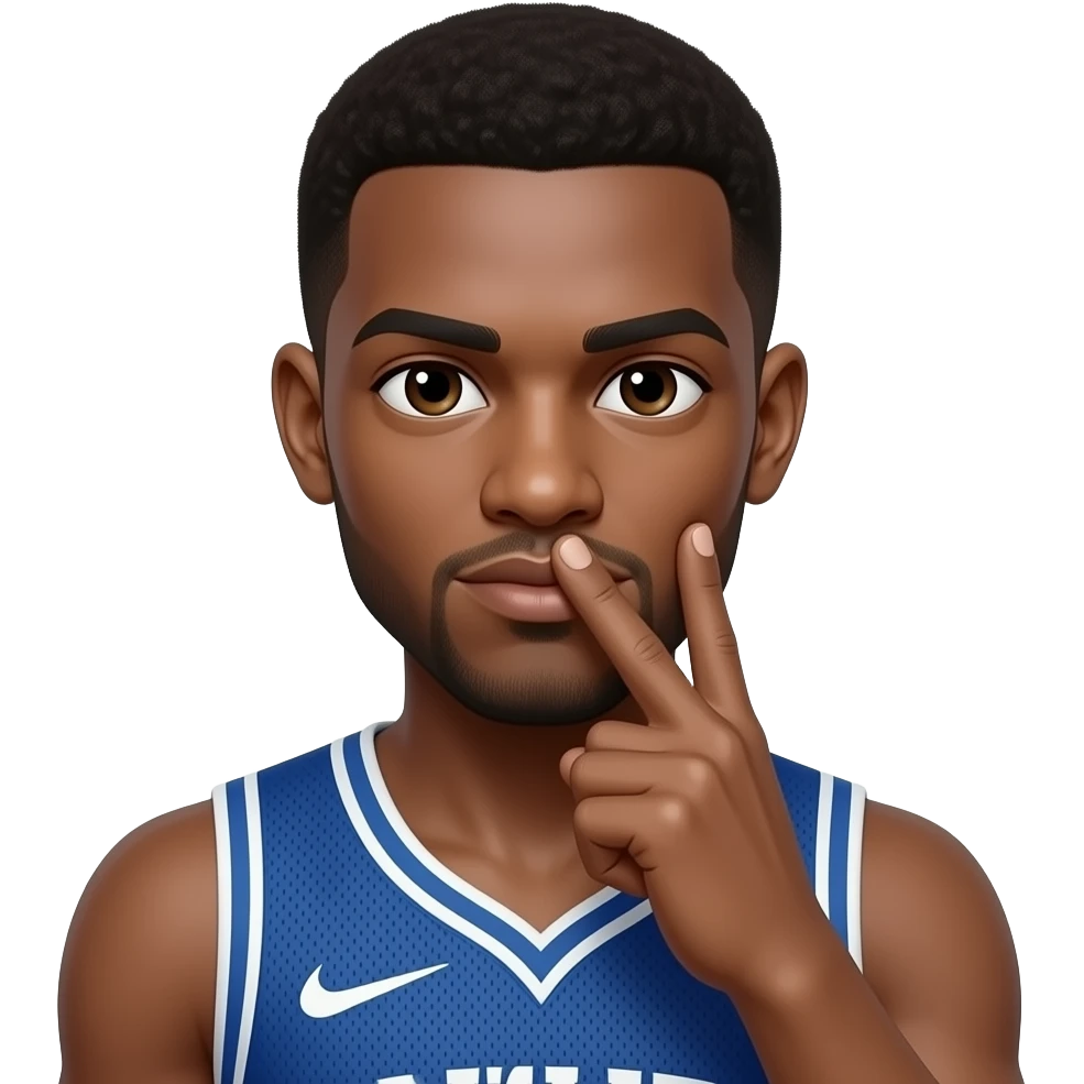 Make the mans skin light brown and a basketball player with his first and second fingers held up to his right ear and his thumb held on his lips like a phone keep the jersey color the same emoji