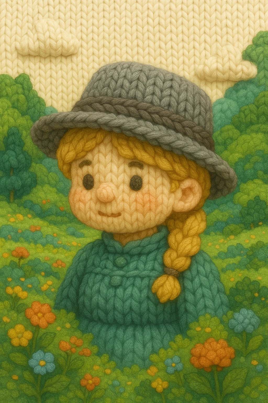 Hello I am Hellygirl with a tilted gray fedora, playful smile, lush scenery, ghibli style emoji
