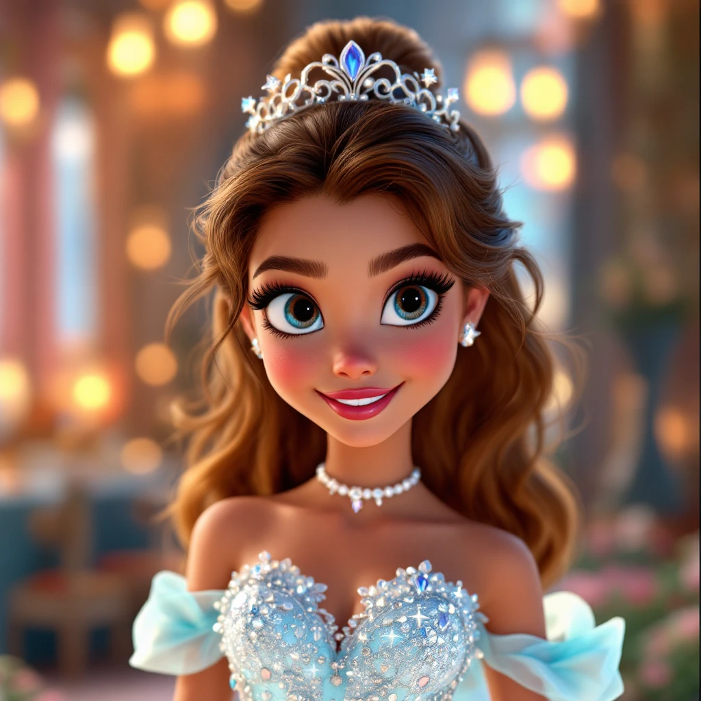 Zendaya as a 3D Disney princess, wearing a sparkling gown, with flowing hair and a gentle smile, classic Disney animation style emoji