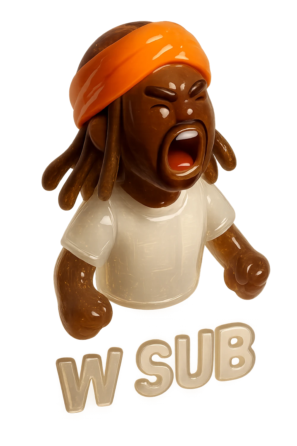 Brownskin man with long brown dreadlocks 
White  t-shirt 
orange turban 
expression is yelling 
Add the word W SUB emoji