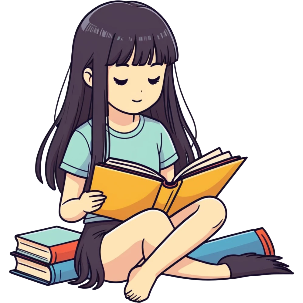 Pale girl with long dark hair and fringe reading a book emoji