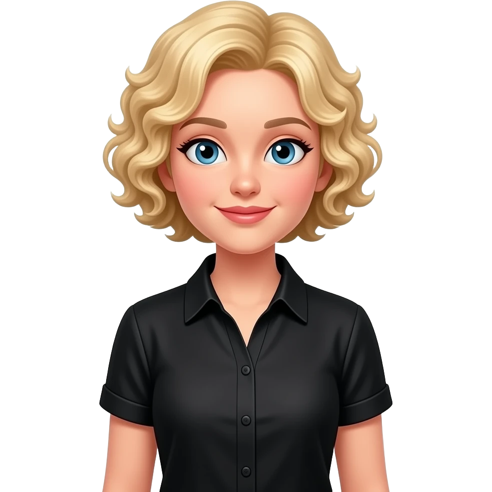 short blonde tight curly hair with a black board and school supplies office supplies in a black short sleeve blouse emoji