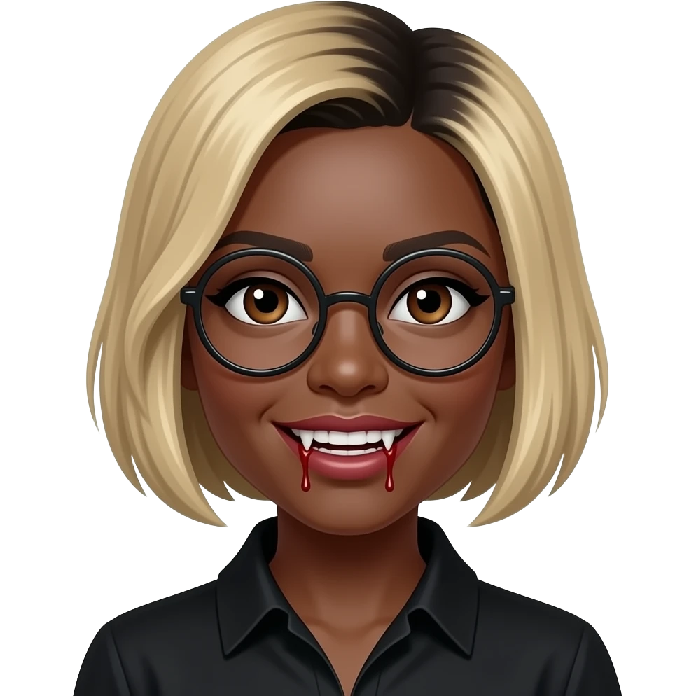 women blond short hair with black roots, black skin, round glasses, brown eyes, black shirt,  dracula teeth with blood on the fangs emoji