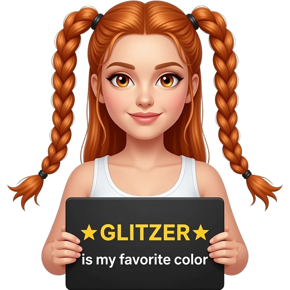 sexy girl with long ginger braids and ginger eyes wearing a white tanktop is holding a black sign with ☆GLITZER☆ ist meine LIEBLINGSFARBE written on it emoji
