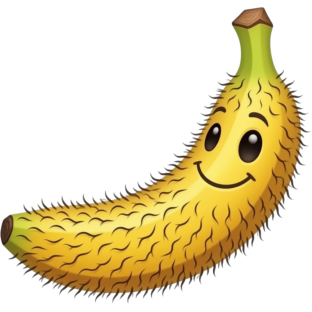 Emoji - a smiling hairy banana, the banana is covered in hair. emoji