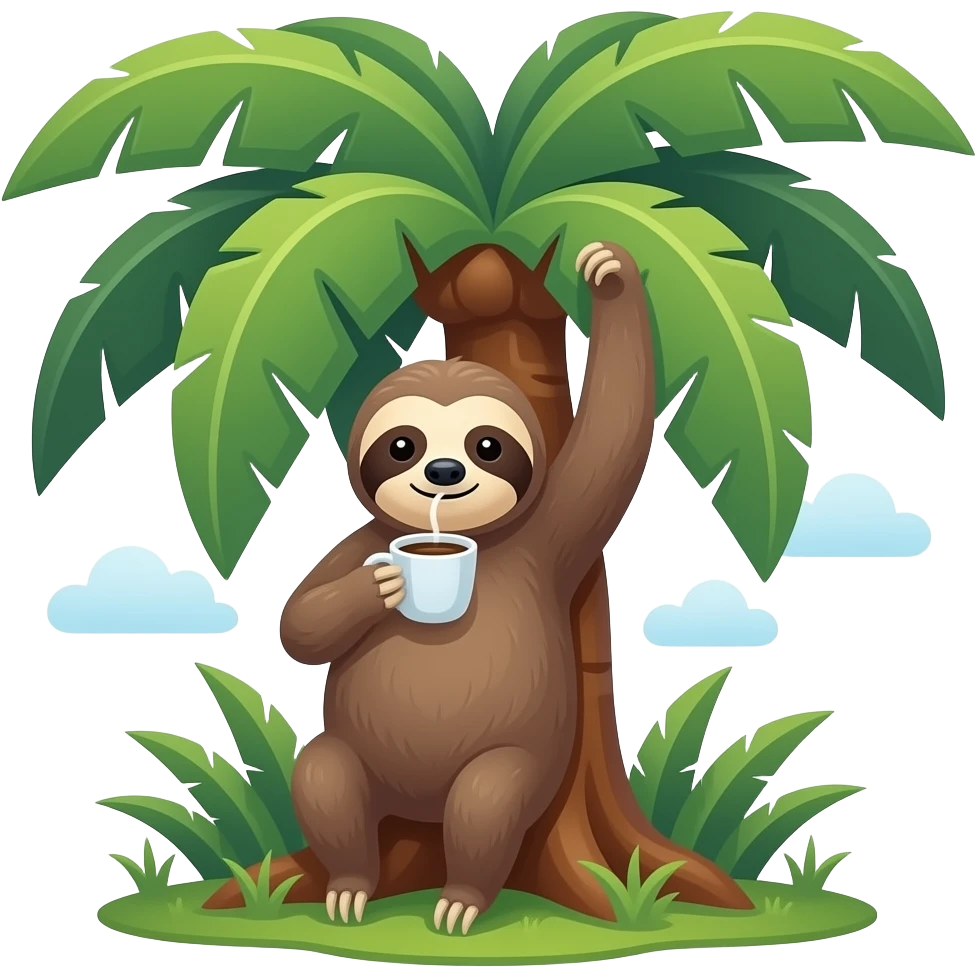 sloth on big tropical tree drink coffee hanging emoji