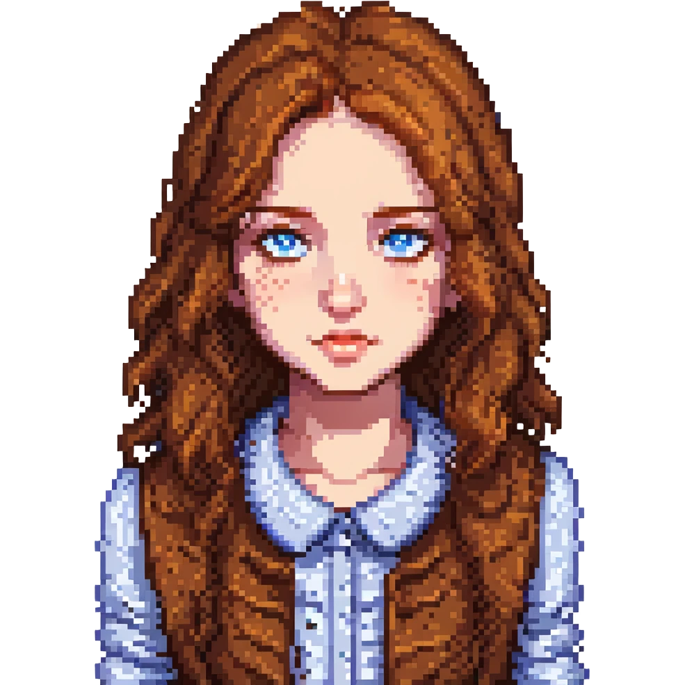 a girl with warm brown slightly wavy hair, blue eyes, and lots of freckles, pixel art style emoji