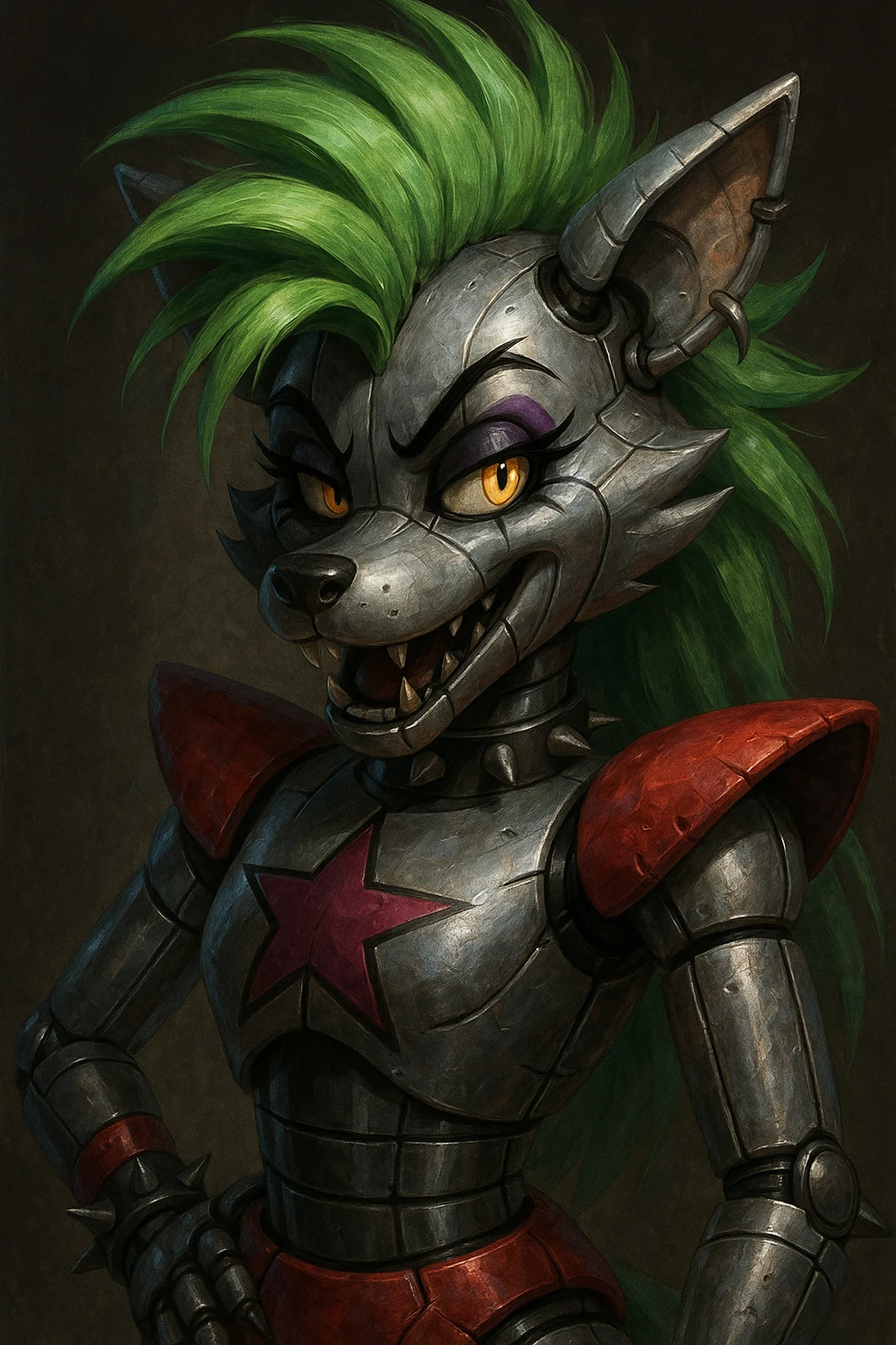 Roxanne Wolf, the animatronic wolf from FNAF Security Breach, with a spiky green mane, metallic body, and a mischievous expression emoji