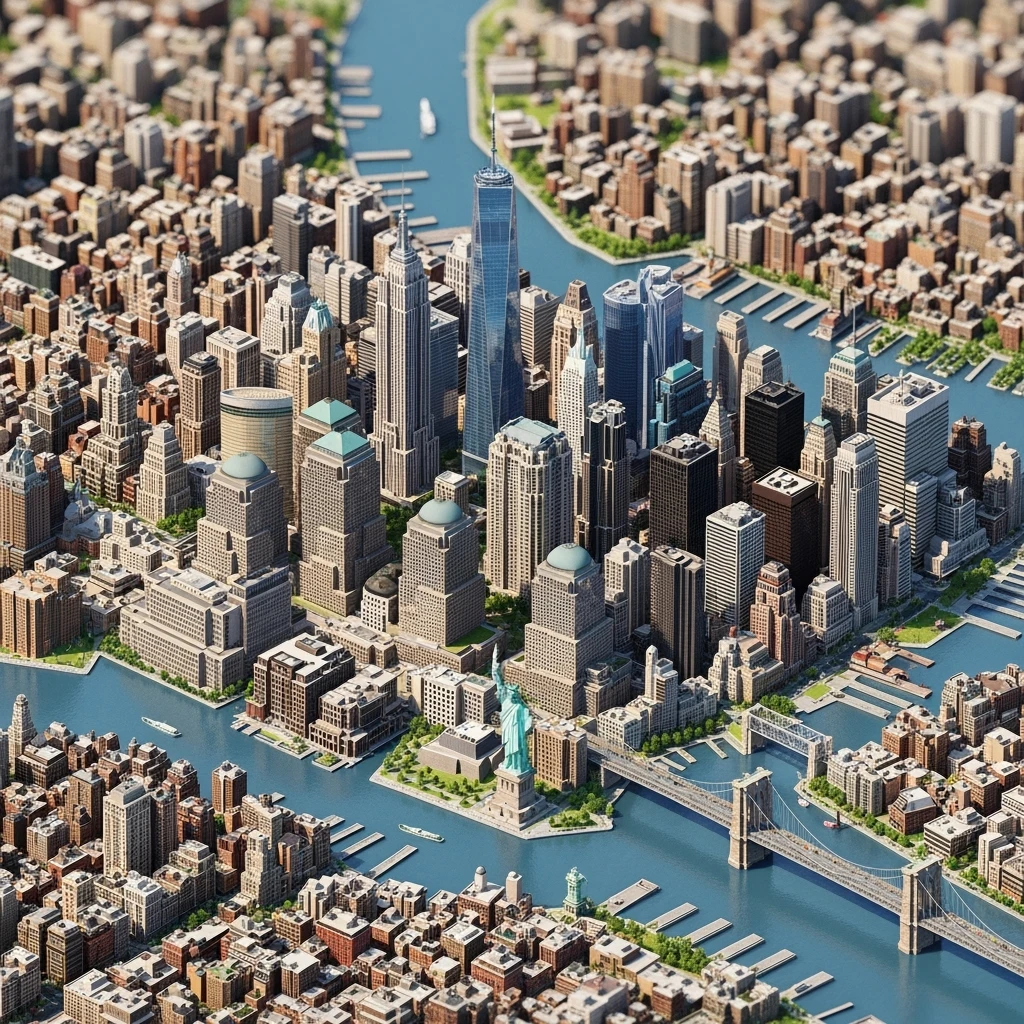 Isometric miniature of New York Сity Empire State Building, One World Trade Center, Statue of Liberty, Brooklyn Bridge, and Central Park chaotic low-rise blocks in outer boroughs 3D miniature effect and Tilt Shift effect, no cartoonish look, transparent background. emoji