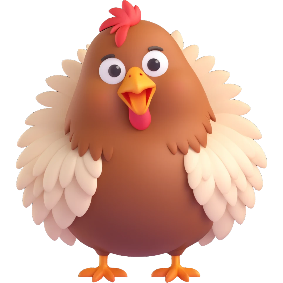 cute hen with fluffy feathers, happy expression emoji