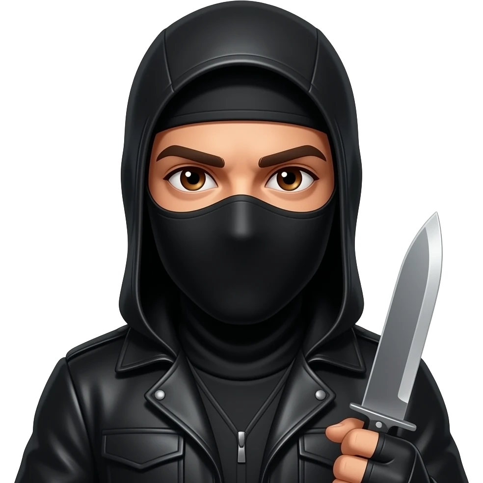Spanish Man brown eyes wearing all black in balaclava with knife emoji