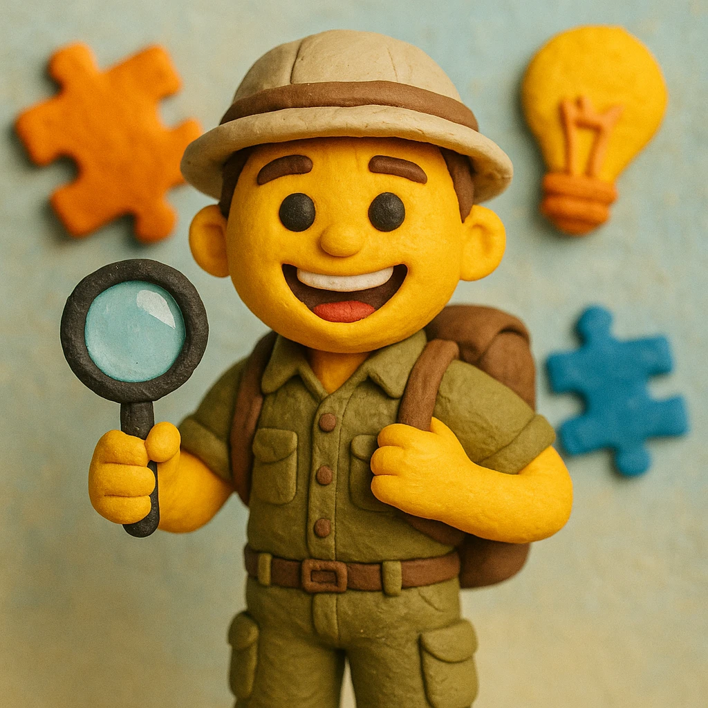 Create a realistic emoji character named Master Hunt. He is a young adult with short brown hair, wearing a casual explorer outfit that includes a button-up shirt and cargo pants. He has a backpack and a safari hat. In one hand, he holds a magnifying glass, and he has an enthusiastic smile on his face. The background should be light and vibrant, incorporating elements like light bulbs and puzzle pieces to symbolize creativity and a positive work culture. emoji
