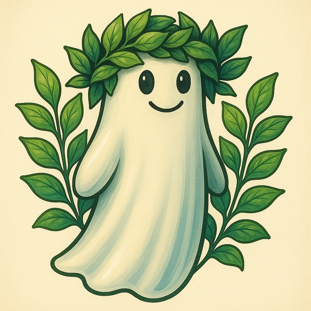 Add a wreath made of green leaves on the ghost's head, matching the illustration style and colors. Keep the ghost and background unchanged, just add a leafy crown. The style should blend naturally with the existing illustration style of the ghost. emoji