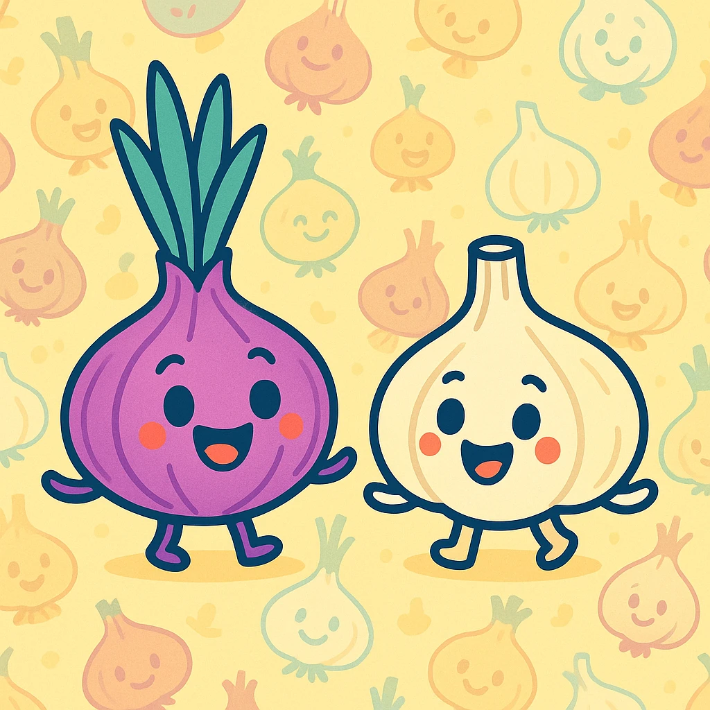 cartoon onion and garlic, animated, repeating background, cheerful, light color palette emoji
