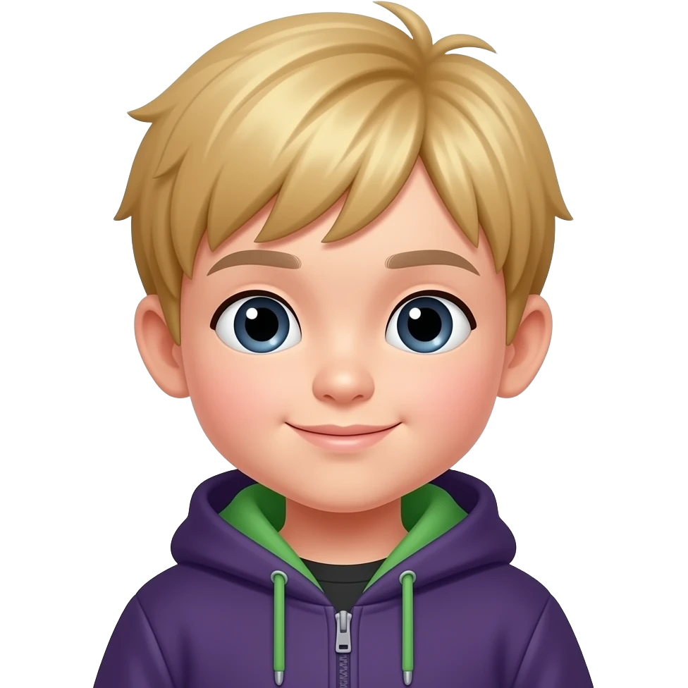 Emoji-style illustration of a young Korean boy.
Cute cool expression, big expressive eyes.
Light blond hair with a small side braid.
Wearing dark purple (#742948) with green (#D8FFA1).
Simple emoji/sticker style, clean and minimal. emoji