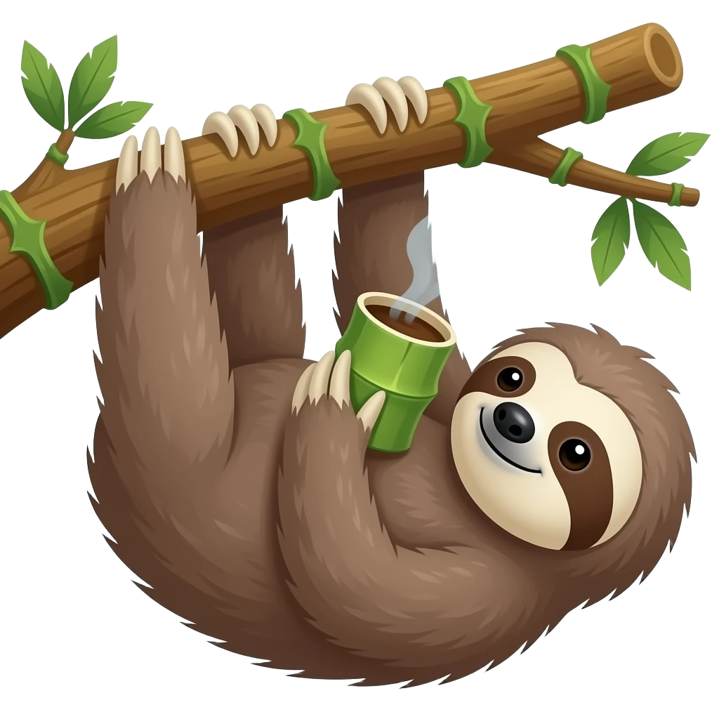 hanging sloth on big jungle tree branch drink coffee bamboo cup hanging emoji
