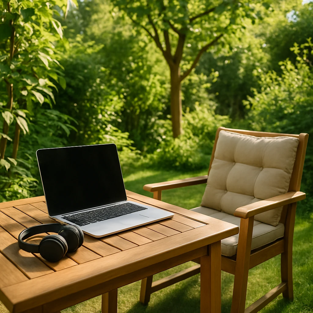 Outdoor home office with laptop, headphones, garden furniture, nature, productive mood emoji