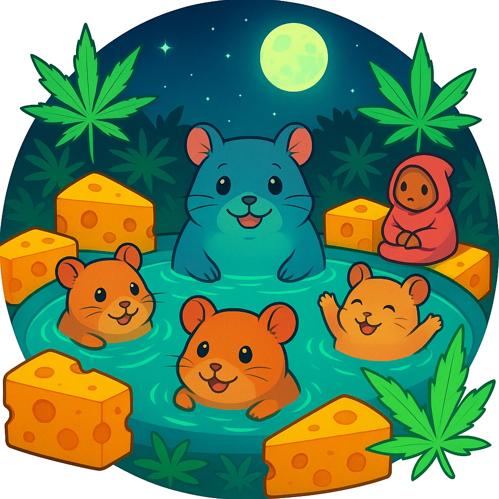 Reformat the image for a Discord server icon: crop to a centered, simple, circular composition, keep the main hamster cult pool party theme, vibrant Ghibli style, clear at small size. emoji