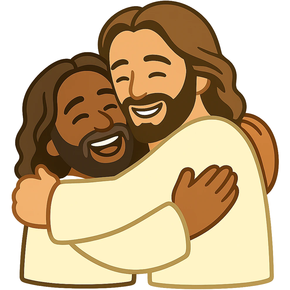 Edit the image of Jesus hugging a person in a basic emoji style with flat colors and outlined shapes. Both characters should have cheerful expressions. The background should be transparent. The style should resemble simple emoji art with clear outlines and flat colors. emoji