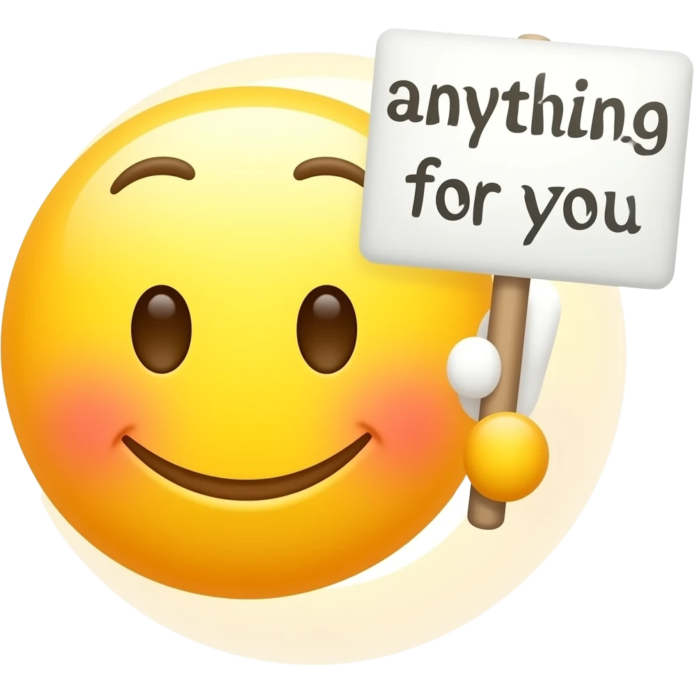 Yellow smiley blushing holding up a sign sign that says "anything for you" emoji